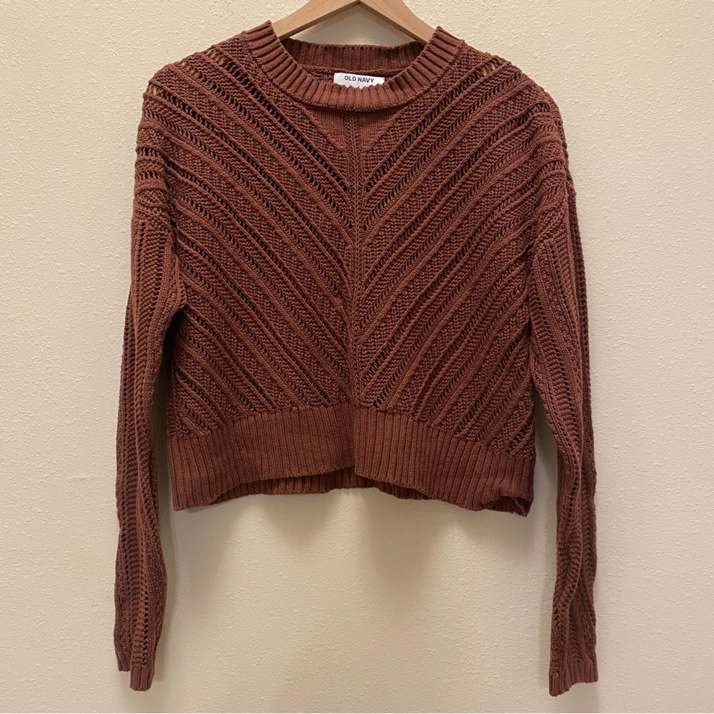 Old Navy Women’s Brown Cotton Crochet Pointelle Drop Shoulder Cropped Sweater